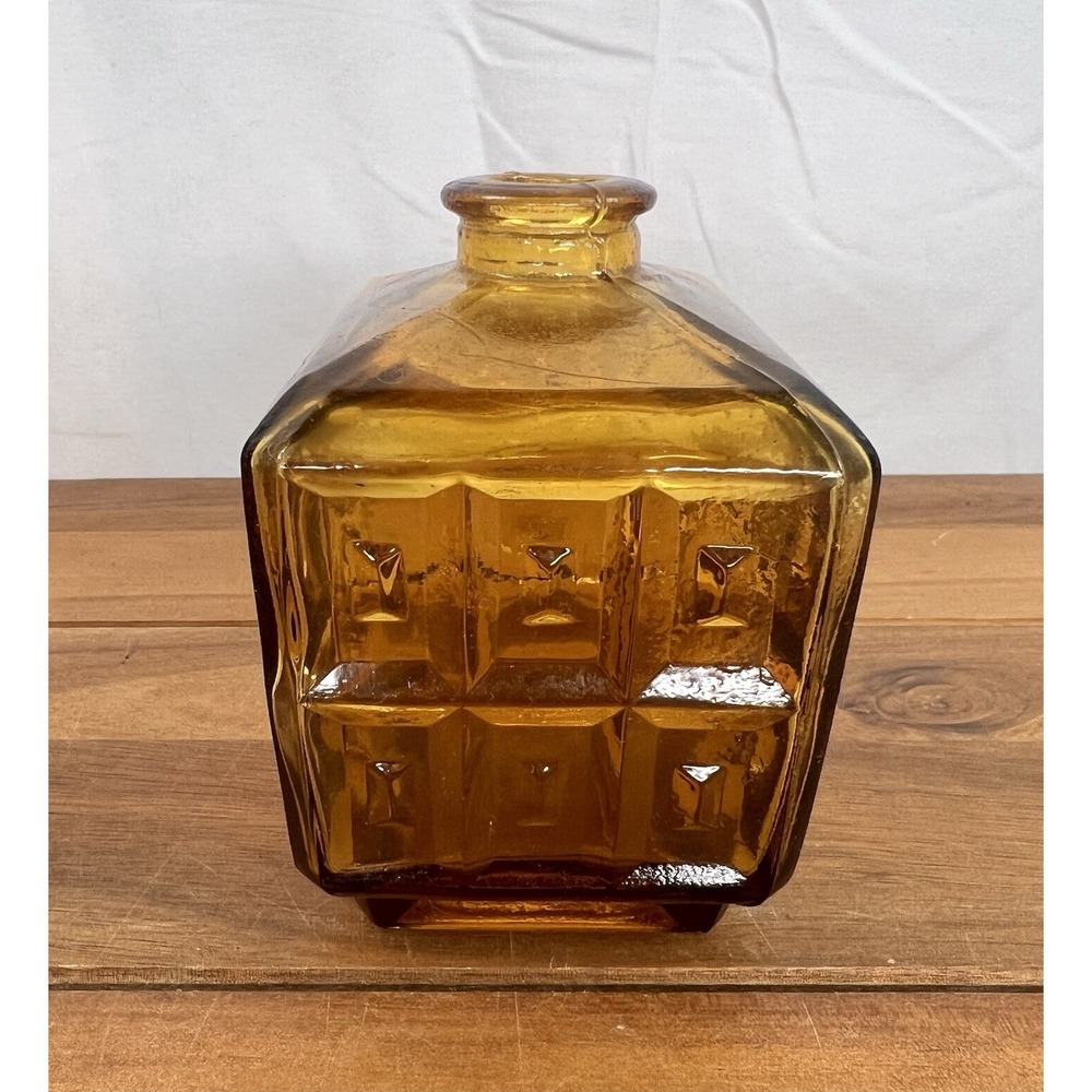 Vintage MCM Amber Glass Decanter Bottle Brutalist Geometric Design - Picture 4 of 9